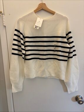 Joules White Crewneck Sweater with Black Stripes